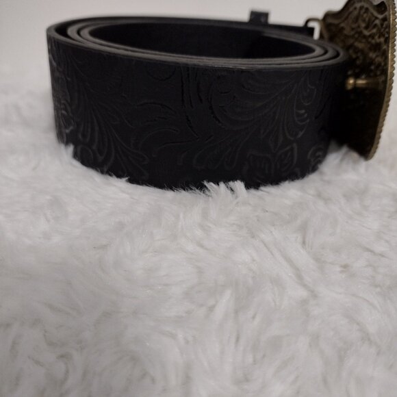 Western Longhorn Skull Statement Belt Engraved Gold Buckle Ranch Style - Picture 10 of 12